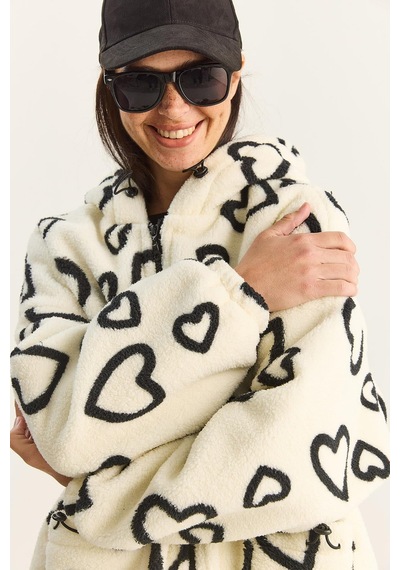 Shade Kadın Kapüşonlu Kalpli Oversize Peluş Mont 4047 60283843 - Ekru