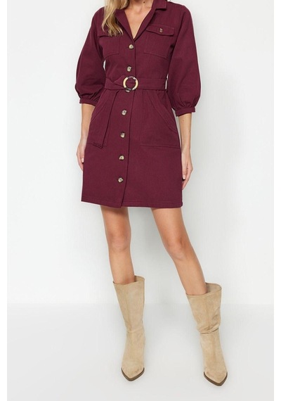 Ersefa Moda Stil Regular Ceket Yaka Mini Boy Kemerli Dokuma Elbise Bordo