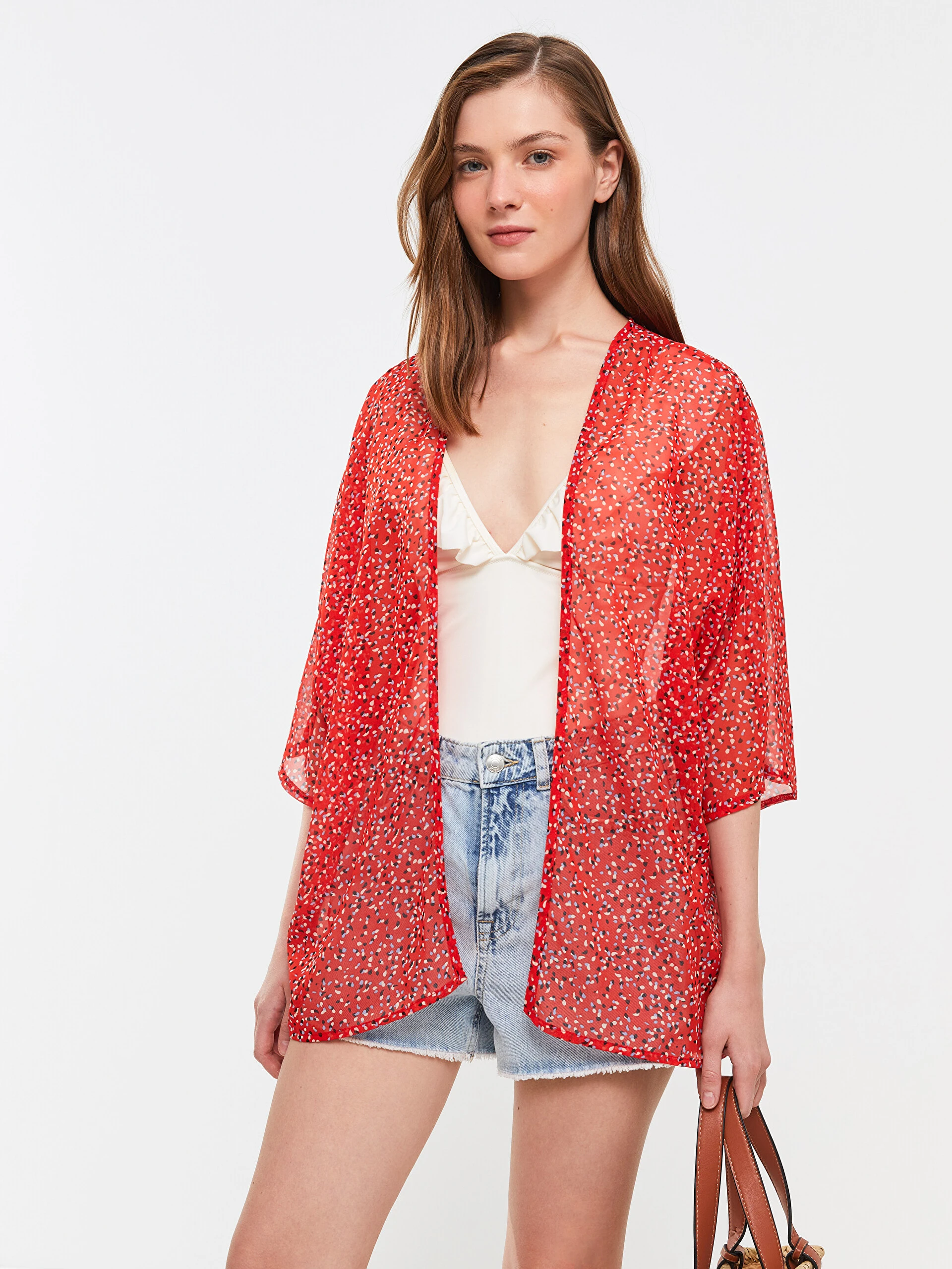 LC Waikiki Lcw Eco Kırmızı Şal Yaka Desenli Kadın Kimono