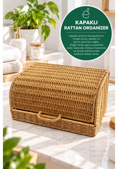 Evonıta Kapaklı Rattan Organizer Sepet Hasır Görünümlü Çok Amaçlı Banyo Makyaj Kozmetik Düzenleyici Saklama Kutusu Kahverengi
