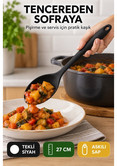 Tekli Siyah Büyük Boy Silikon Kaşık 27 Cm Mutfak Yemek Pişirme Ve Servis Kaşığı Renkli Mutfak Gereci