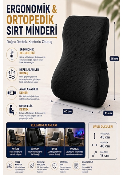 Ortopedik Visco Bel Ve Sırt Destek Minderi Ofis Koltuğu, Araç Ve Ev İçin Ergonomik Konfor Siyah