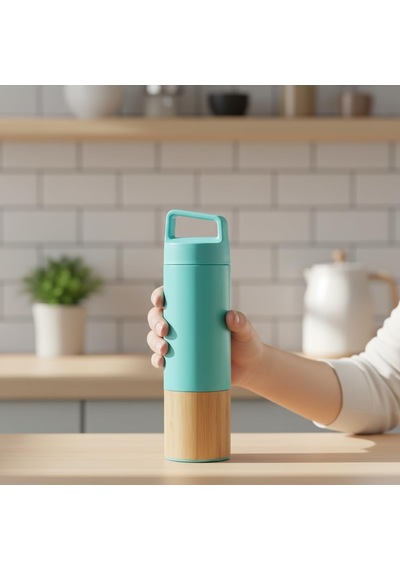 600 Ml Bambu Tabanlı Kulplu Çelik Termos Mug - 5 Renk Seçenekli Sıcak/soğuk Tutucu Seyahat Bardağı Turkuaz Açık Beyaz