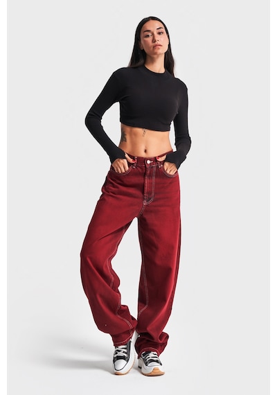 Itsbasic Kadın Bordo Renk Cindy 20w4-35 Skater Fit Orta Bel %100 Koton Özel Yıkama Denim Jean