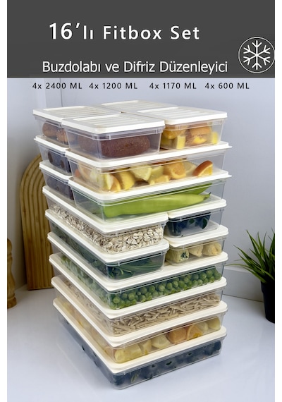 16 Adet Fitbox Buzdolabı Ve Buzluk Düzenleyici Hava Geçirmez Saklama Kabı Seti Krem Kapak