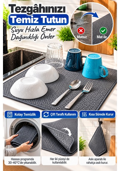 Gri Bez Mikrotex Bulaşık Kurutma Matı 45x36 Cm Süper Emici Katlanabilir Tezgah Üstü Kurutma Matı