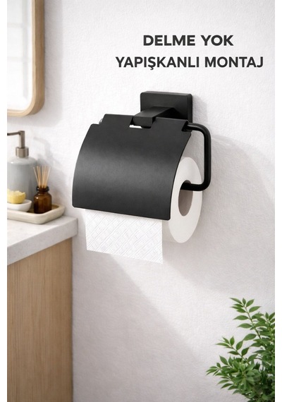 Viosa Yapışkanlı Siyah Geniş Kapaklı Tuvalet Kağıtlığı Wc Kağıtlık Tuvalet Kağıdı Askısı Kolay Montaj Krom