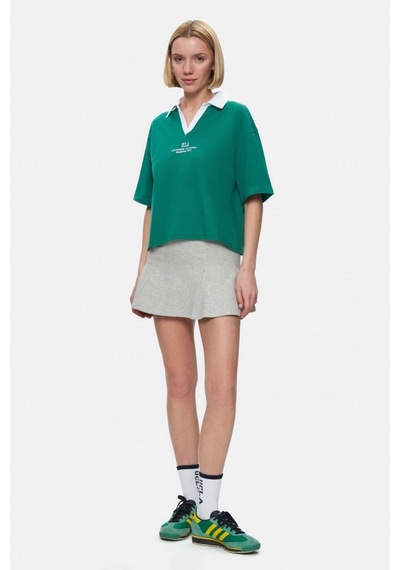 Polly Yeşil Polo Yaka Nakışlı Loose Fit Kadın Tshirt Yeşil