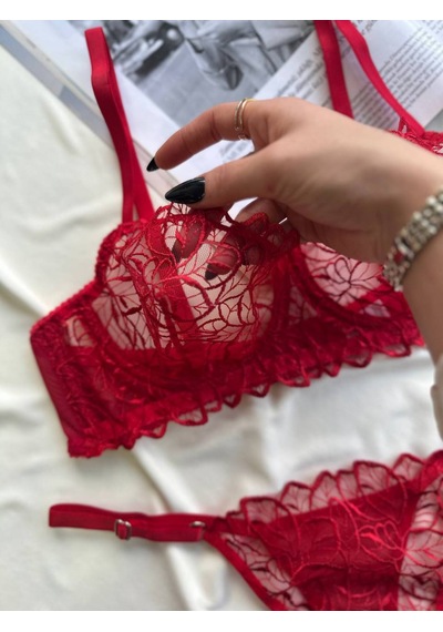 Noateks Kırmızı Yaprak Desenli Transparan Tül Ve Dantel Detaylı Bralet Takım Kırmızı