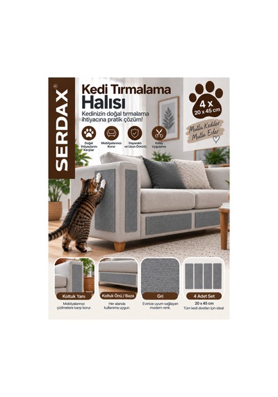 Kedi Tırmalama Halısı Kendinden Yapışkanlı Koltuk Duvar Mobilya Koruma Matı 4 Adet 20 X 45 Cm- Gri Gri