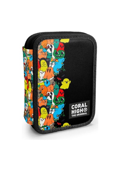 Coral High Kids Siyah Karikatür Desenli Çift Katlı Kalem Çanta 11150 Çok Renkli
