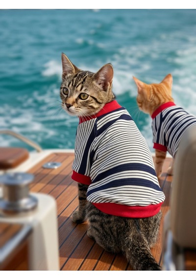Yacht Club Marin Çizgili Kedi Tişörtü Lacivert Kırmızı Yazlık Kedi Kıyafeti
