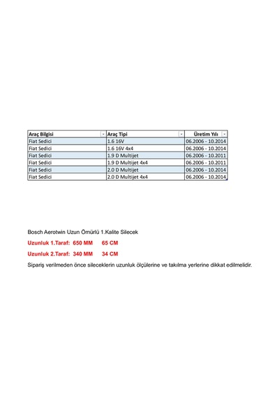Fiat Sedici 1.6/1.9/2.0 Aerotwin Ön Silecek Seti 65/34cm 06.2006 - 10.2014 Arası