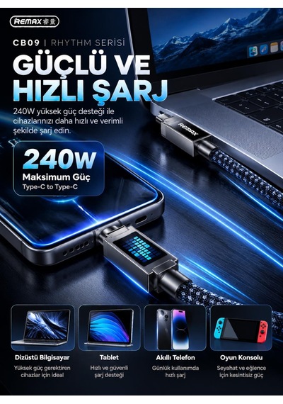 Remax Cb09-cc Rhythm Serisi 240w Type-c To Type-c Mavi Led Işıklı Örgülü Hızlı Şarj Ve Data Kablosu 1.2 Metre