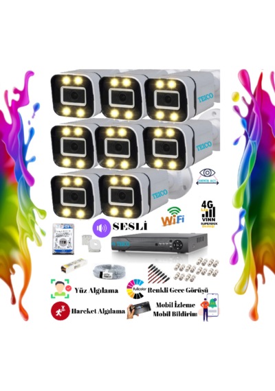 8 Kameralı 5 Mp Ultra Hd Warmled Renkli Sesli Güvenlik Kamera Seti Teico- 6805n
