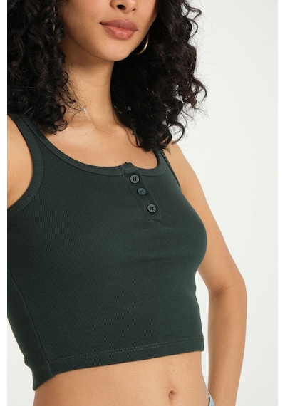 Hiccup Kare Yaka Fitilli Düğmeli Tank Top Orman Yeşili