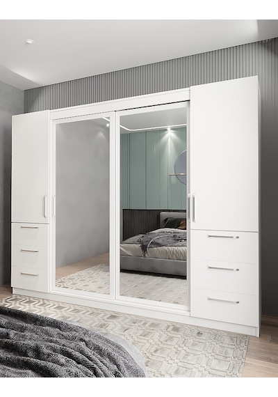 Bella Sürgü Kapaklı Dolap Gardırop Beyaz 270cm- Montaj Dahil