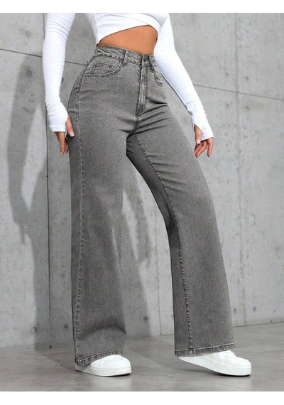 Füme Palazzo Pantolon Wide Leg Yüksek Bel Denim Jeans Füme