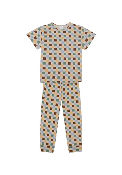 Antebies Organik Gots Sertifikalı Pastel Damalar Desen Bel Lastikli Tshirt Pantolon Erkek Çocuk Pijama Takımı Bej