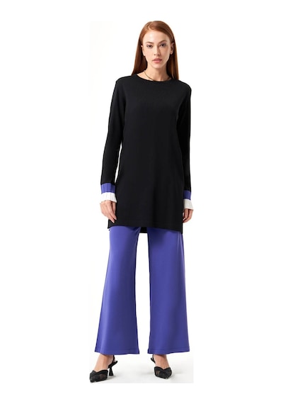 Mizalle Kol Piliseli Rayon Triko Siyah-mürdüm Tunik Siyah
