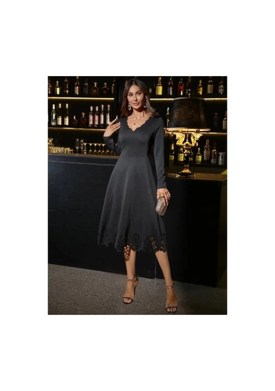 Butik İstanbul Kadın Uzun Kollu V Yakalı Lazer Kesim Detaylı Midi Ithal Krep Elbise Siyah Butik İstanbul Kadın Uzun Kollu V Yakalı Lazer Kesim Detaylı Midi Ithal Krep Elbise Siyah