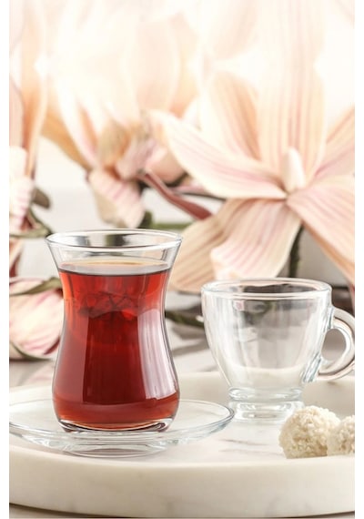 Lav Sohbet Cam Bardak Seti 18'li (6 Çay Bardağı, 6 Çay Tabağı, 6 Fincan)
