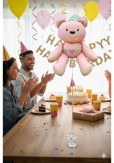 51x54 Cm Oturan Ayı Pembe Folyo Balon - Doğum Günü Parti Dekorasyon Balonu Çok Renkli