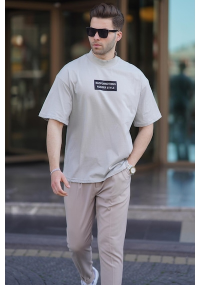 Madmext Boyalı Gri Yalancı Dik Yaka Oversize Erkek Tişört 7005-boyalı Gri Boyalı Gri