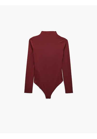 Koton Slim Fit Uzun Kollu Drape Detaylı Hafif Dik Yaka Bodysuit Bordo 7wak80008ek