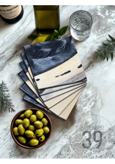 Ceviz & Siyah Epoksi Bardak Altlığı Seti 6 Lı, El Yapımı Ceviz Ahşap, 12x12 Cm, Modern & Şık Tasarım Siyah