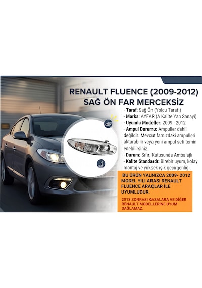 Renault Fluence 2009-2012 Sağ Far Ayfar Marka 1 Adet