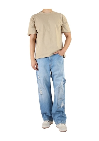 Denim Mavi Yırtık Paça Detaylı Pantolon Mavi