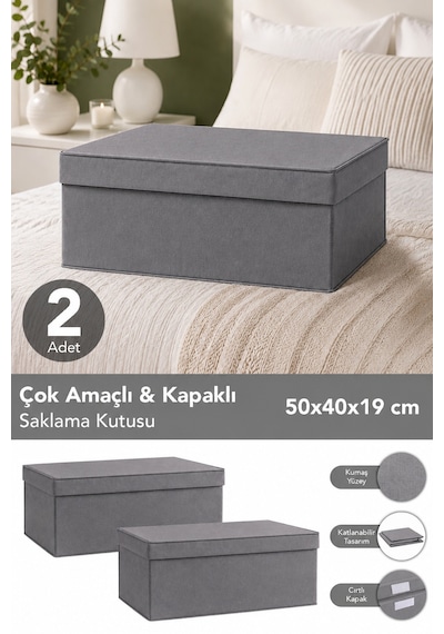 2'li Organizer Baza Hurç Seti - Çok Amaçlı Kapaklı Saklama Kutusu 50x40x19cm Antrasit