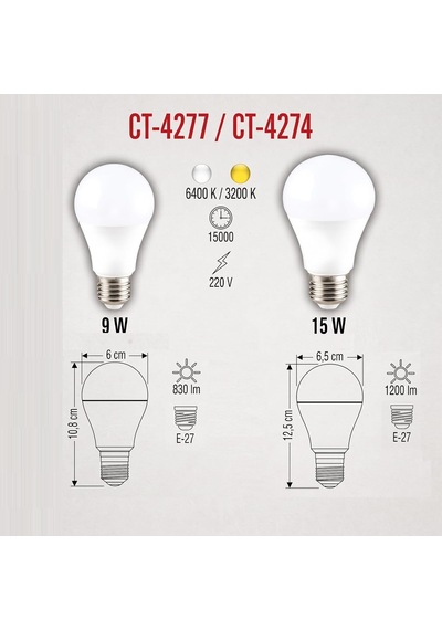 Tr Cata E27 Duy Led Ampul 9 Watt Ve 15 Watt Beyaz Işık 6, Beyaz - 9 Watt Genel