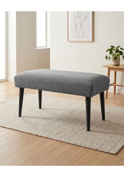 Gri Keten Kumaş Bench Puf 90x45x46 Cm Ahşap Siyah Ayaklı Demonte Modern Yatak Ucu Bench Oturma Bankı Antre Koridor Pufu