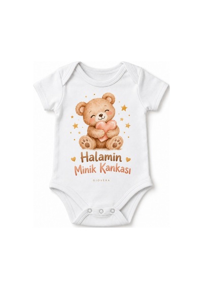 Gıovera Halamın Minik Kankası Ayıcık Baskılı Beyaz Kısa Kollu Pamuklu Bebek Zıbın Body