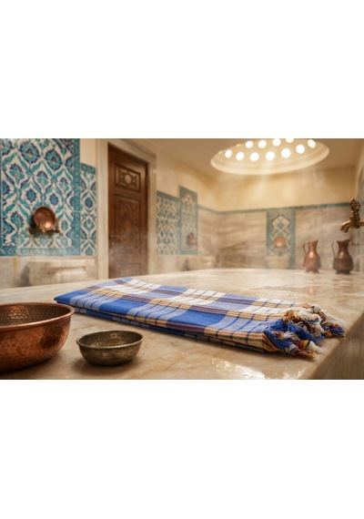 Ludıa %100 Pamuk Ekose Peştemal Havlu Mavi Çizgili Saçaklı Plaj Ve Banyo Peştemali 79x190 Cm Mavi Beyaz Sarı