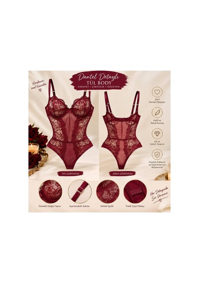Love Secret Dantel Detaylı Bodysuit Bordo