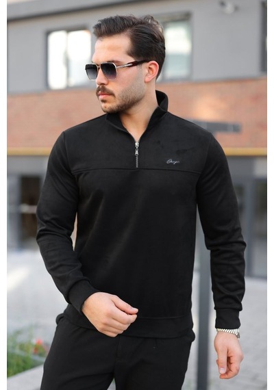 Efnaz Style Erkek Süet Yarım Fermuar Dik Yaka Sweat siyah Efnaz Style Erkek Süet Yarım Fermuar Dik Yaka Sweat siyah