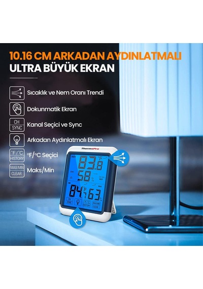 ThermoPro TP65 Dokunmatik Işıklı Geniş Ekran İç ve Dış Mekan (Sensörlü) Dijital Sıcaklık ve Nem Ölçer