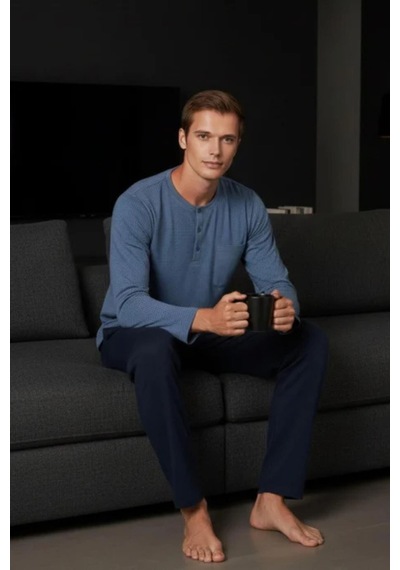 Gd Goldoremi Premium Erkek Cepli Düğmeli Yaka Uzun Kollu Pamuklu Pijama Takım Mavi