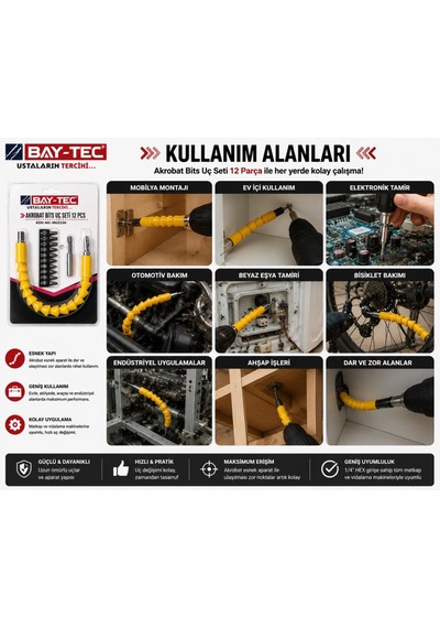 Bay-tec Mu2230 Akrobat Bits Uç Seti 12 Parça Esnek Şaftlı Dar Alan Vidalama Ve Matkap Uç Seti
