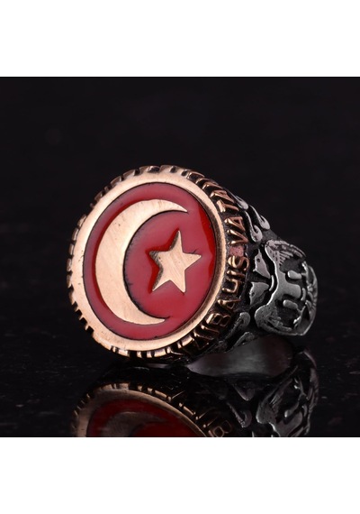 Erkek Gümüş Yüzük - Kırmızı Hilal Ve Yıldız Tasarımı, Türk Bayragı Yüzük Gümüş