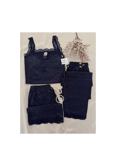 Mh Moony Homewears Lacivert Olağanüstü 3'lü Yumuşacık Pijama Takımı Lacivert