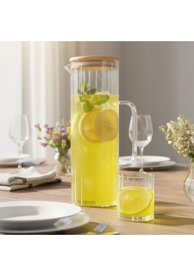 1000ml Bambu Kapaklı Line Borosilikat Cam Yağlık & Sürahi Şık, Dayanıklı Ve Sağlıklı Saklama Çözümü 8cm X 20cm