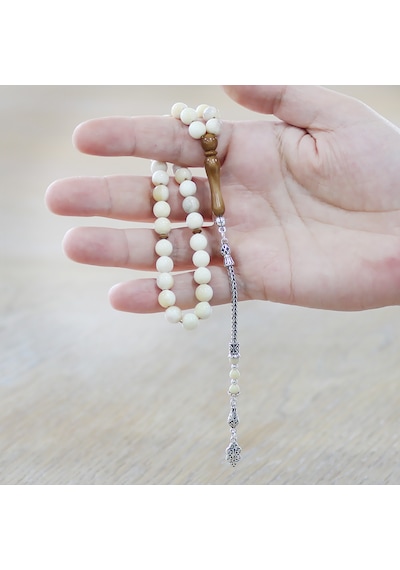 Tesbihane Deve Kemiği Tesbih - 925 Ayar Gümüş Püsküllü - Kuka Kombinasyonlu - Küre Kesim - Naturel Renk Krem