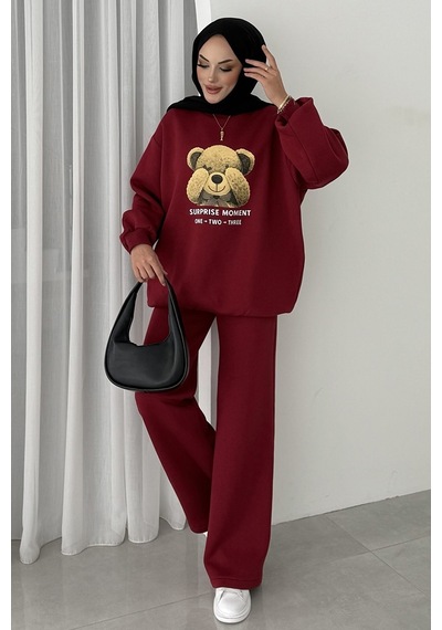 Bestenur Ayıcık Desen Üç İplik İkili Takım 1655 - Bordo Bordo