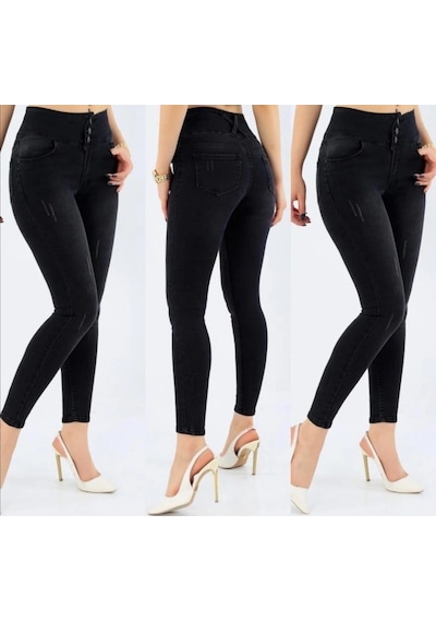 Defymoda Yüksek Bel Likralı Kot Pantolon Siyah