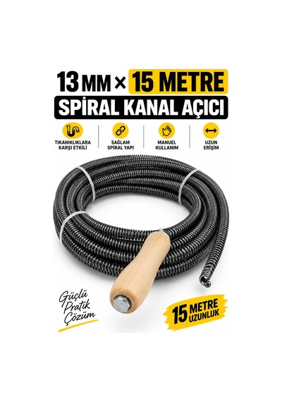 13 Mm X 15 Metre Spiral Kanal Açıcı Ahşap Saplı Manuel Gider Açma Teli, Uzun Erişimli Tesisat Spir
