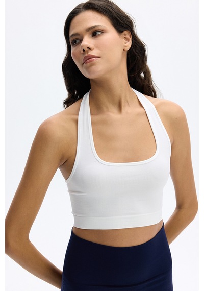 SubTone Boyundan Geçmeli Ribli Crop Top Beyaz